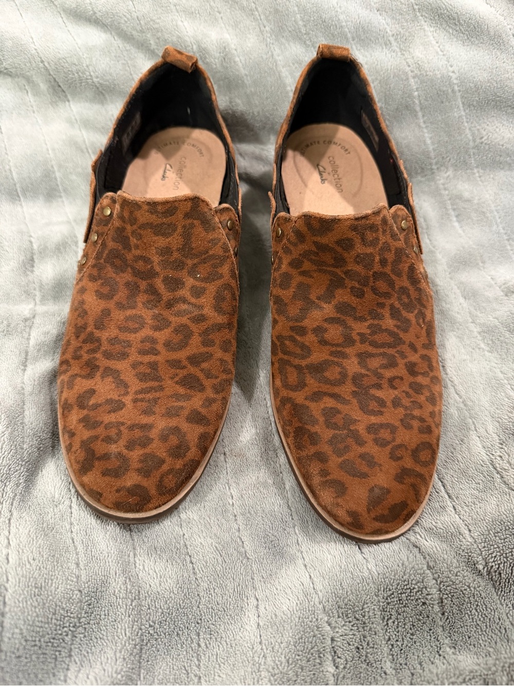 Clarks Leopard Print Suede Loafers - Brown/Tan - Picture 2 of 7